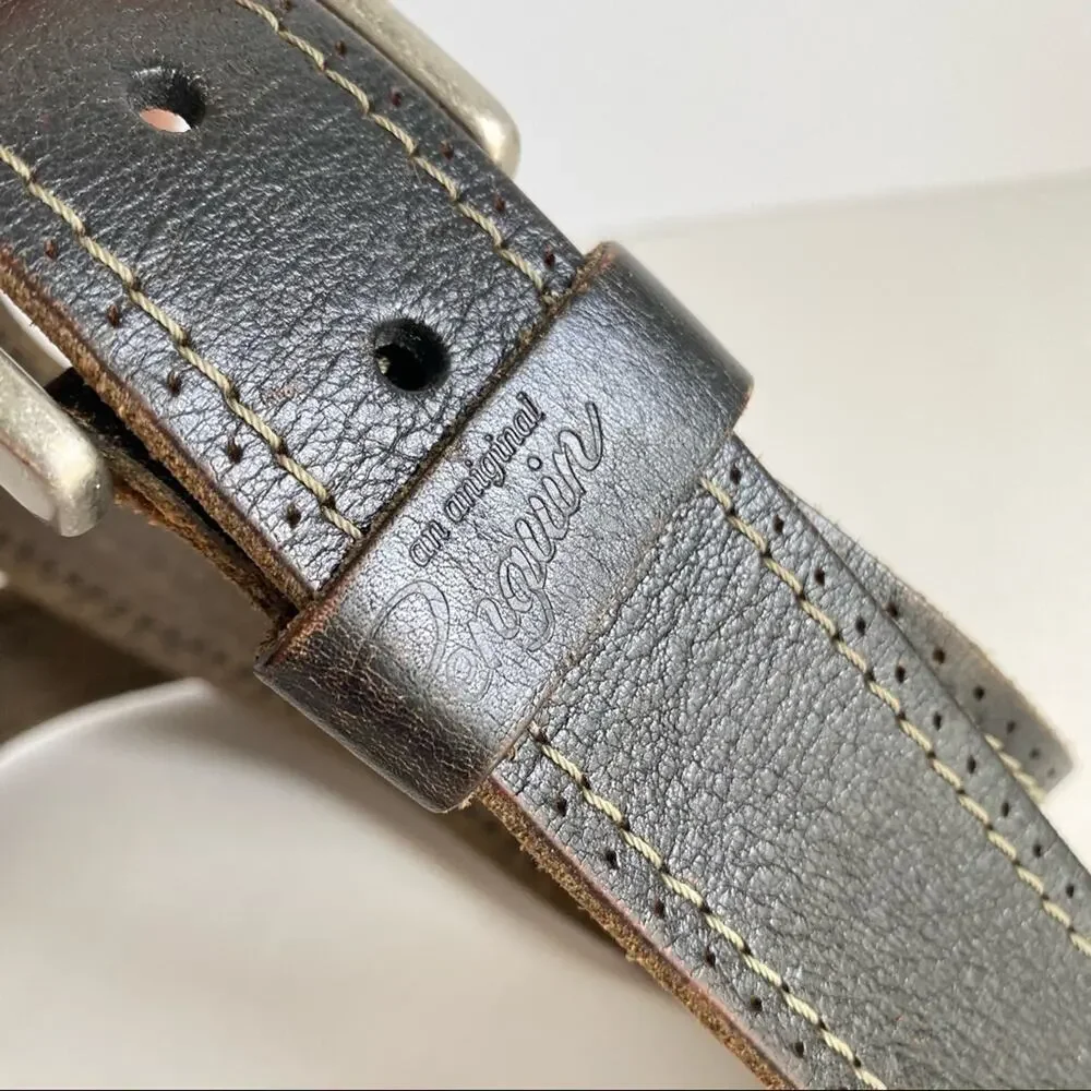 Original Penguin Dark Brown Leather Belt Silver‎ Buckle Distressed Mens 36